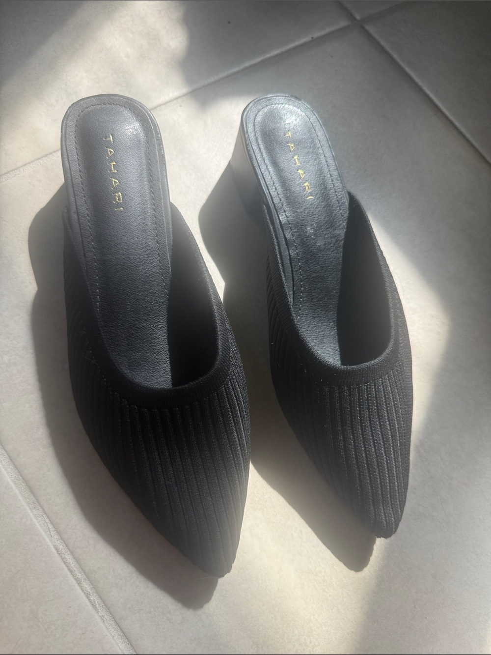 Tahari Stretchy Black Mules - size 8.5